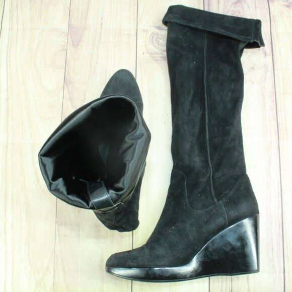 *Unknown Black Suede Wedge Over The Knee Pull On Western Boots Size 9 M - Picture 7 of 9